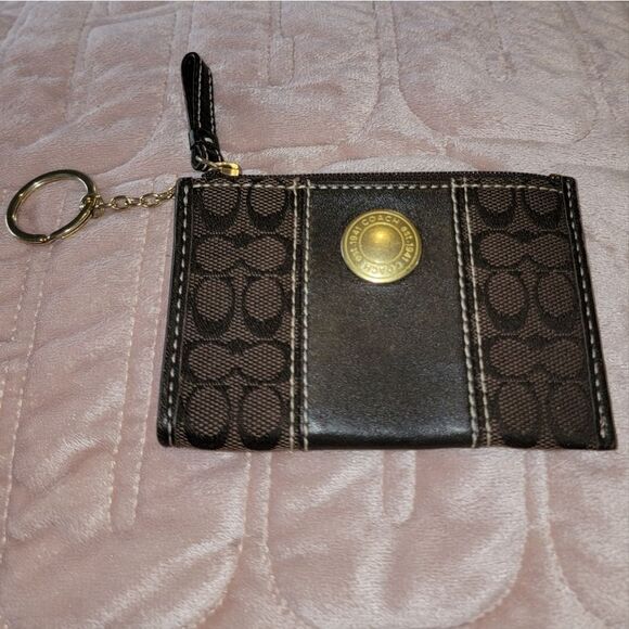 Coach Women’s Signature Brown Zipper Keychain Credit Card Wallet - Picture 1 of 7